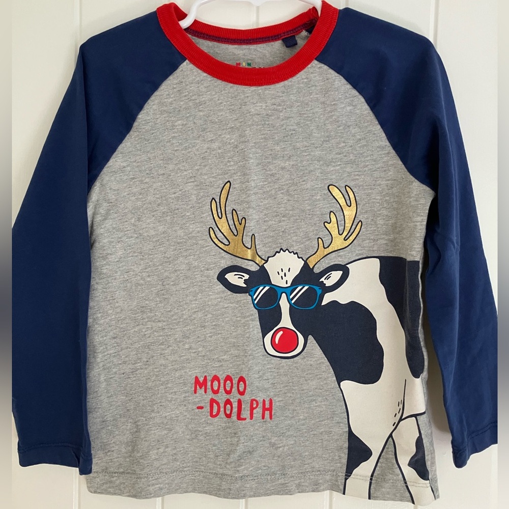 Mini Boden Grey, Navy & Red 'Mooo-Dolph' Raglan Graphic Top